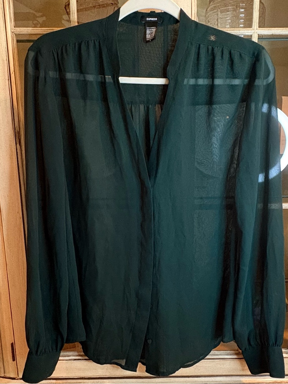 Express Women's Dark Green Sheer V-Neck Blouse